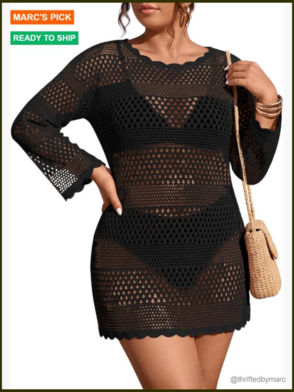 Plus Size Crochet Swim Coverup Long Sleeve Hollow Out Beach Dress